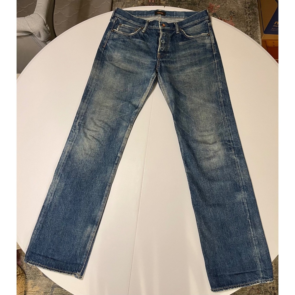 Chimala Distressed Blue Denim Jeans 35x33 Button Fly Japan Made Selvedge Sz 28